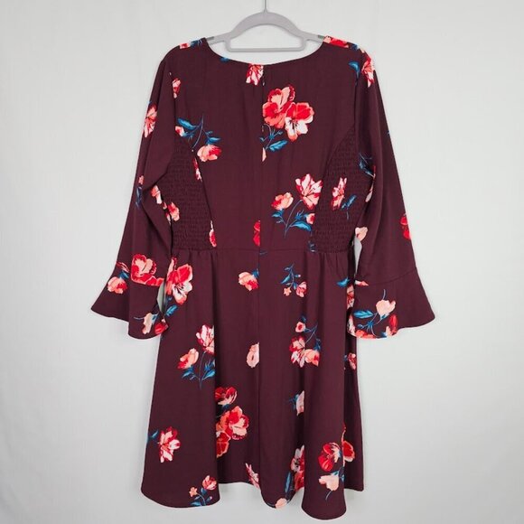OLD NAVY Fit & Flare Dress Long Flute Sleeves BURGUNDY RED Floral size L Cute! - Picture 7 of 11